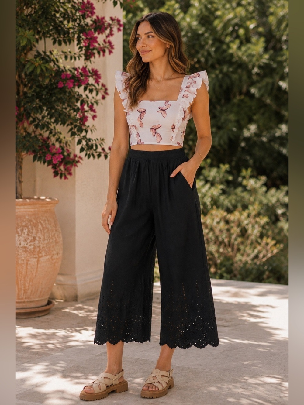 ANTHROPOLOGIE Wide Leg Eyelet Cropped Pants Black NEW